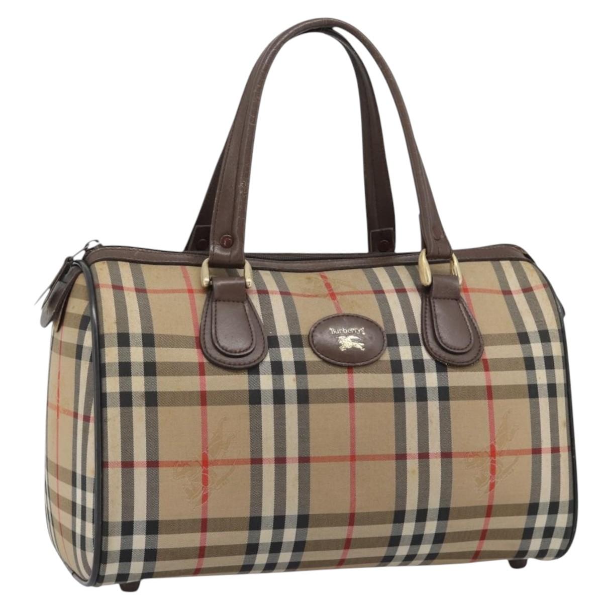 Burberrys Nova Check Boston Bag Canvas Beige Gold Auth 194885
