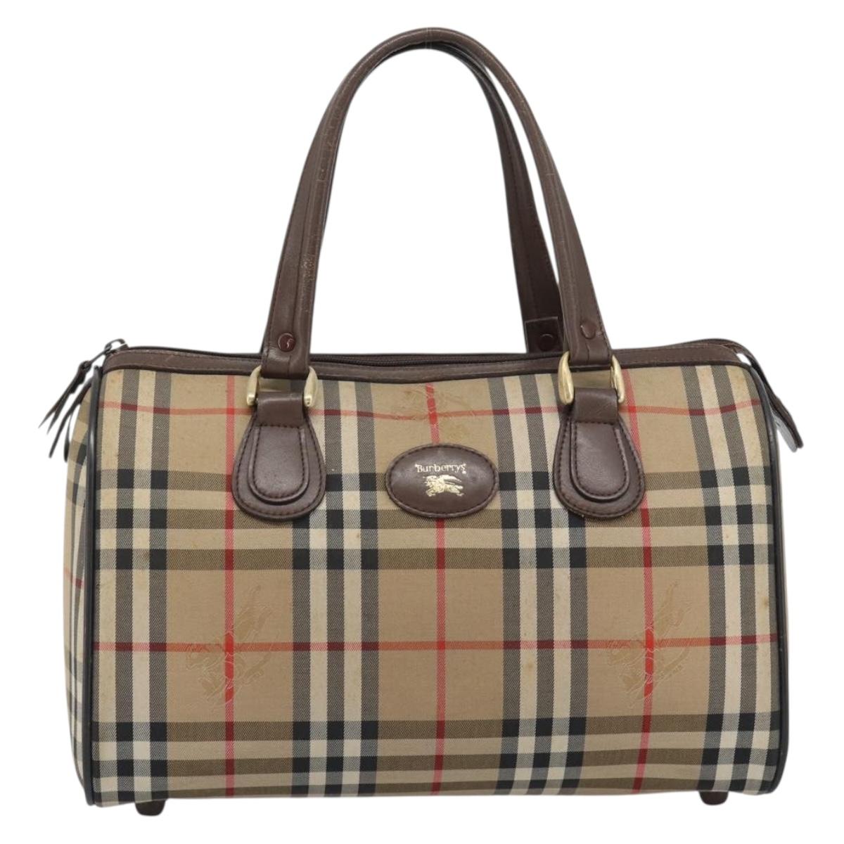 Burberrys Nova Check Boston Bag Canvas Beige Gold Auth 194885