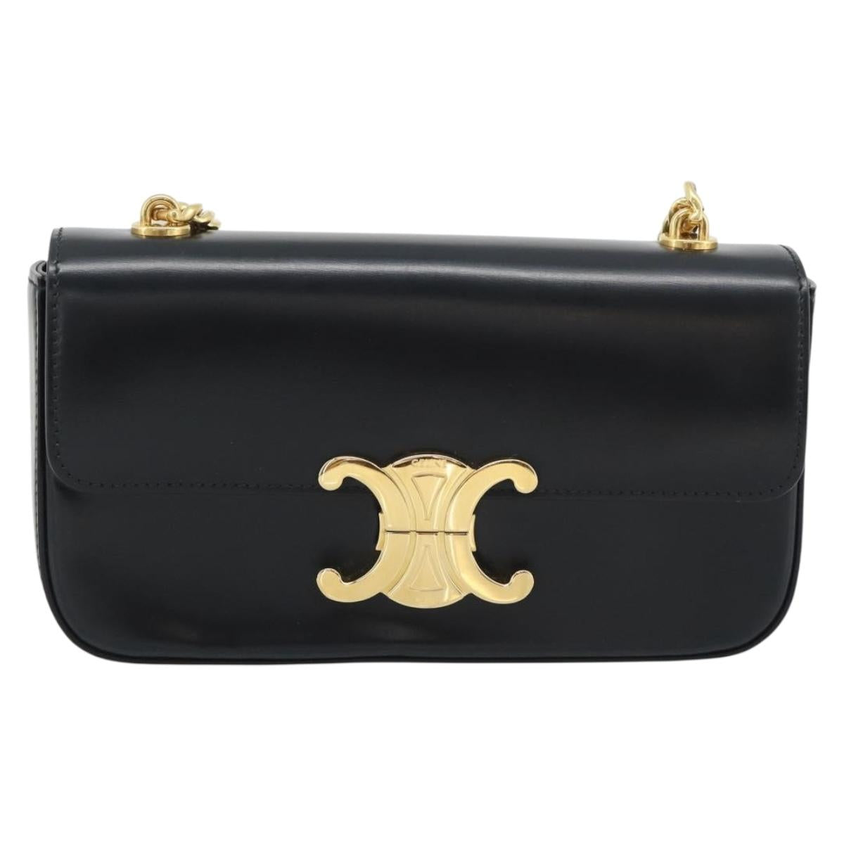 CELINE Triomphe Claude Chain Shoulder Bag Leather Black Gold Auth 194887SAM