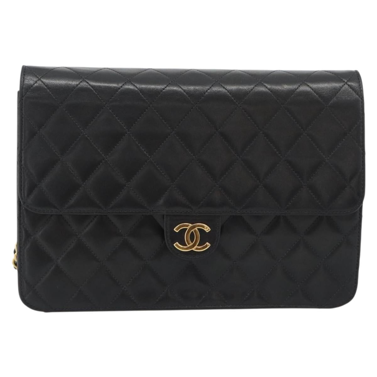 CHANEL Matelasse Chain Shoulder Bag Lamb Skin Black Gold CC Auth 194892SAV