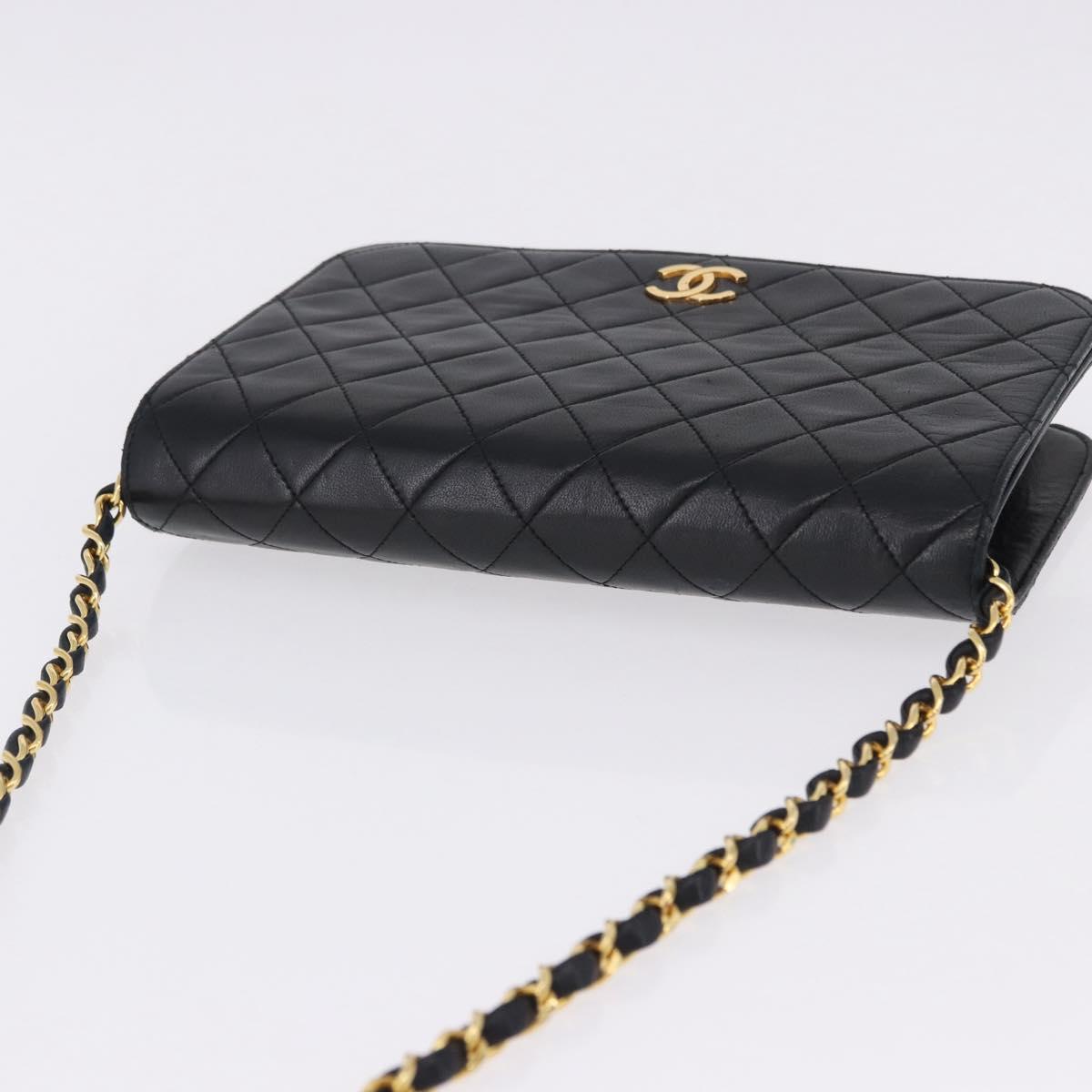CHANEL Matelasse Chain Shoulder Bag Lamb Skin Black Gold CC Auth 194893