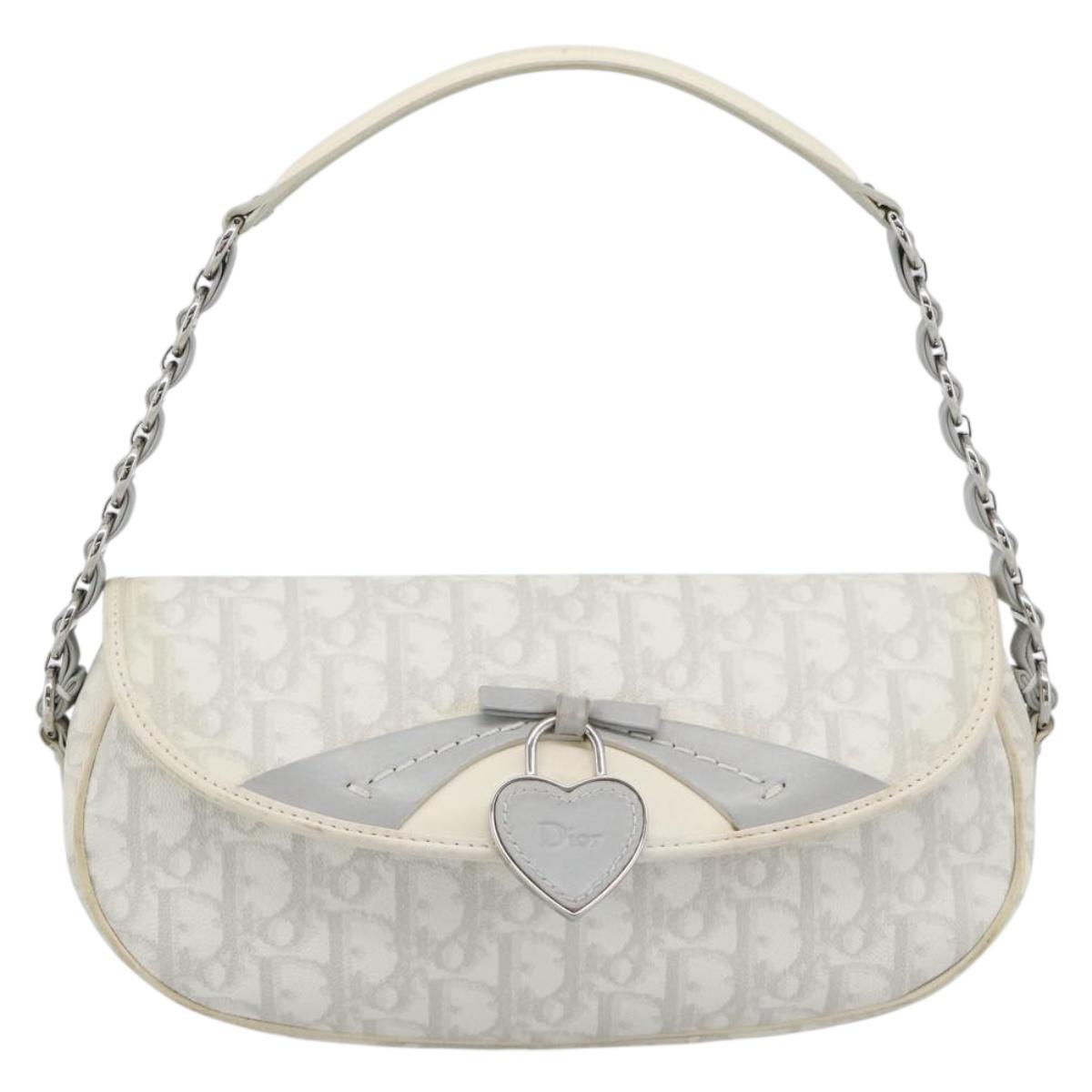 Christian Dior Trotter Canvas Romantic Chain Bag PVC White Silver Auth 194899V