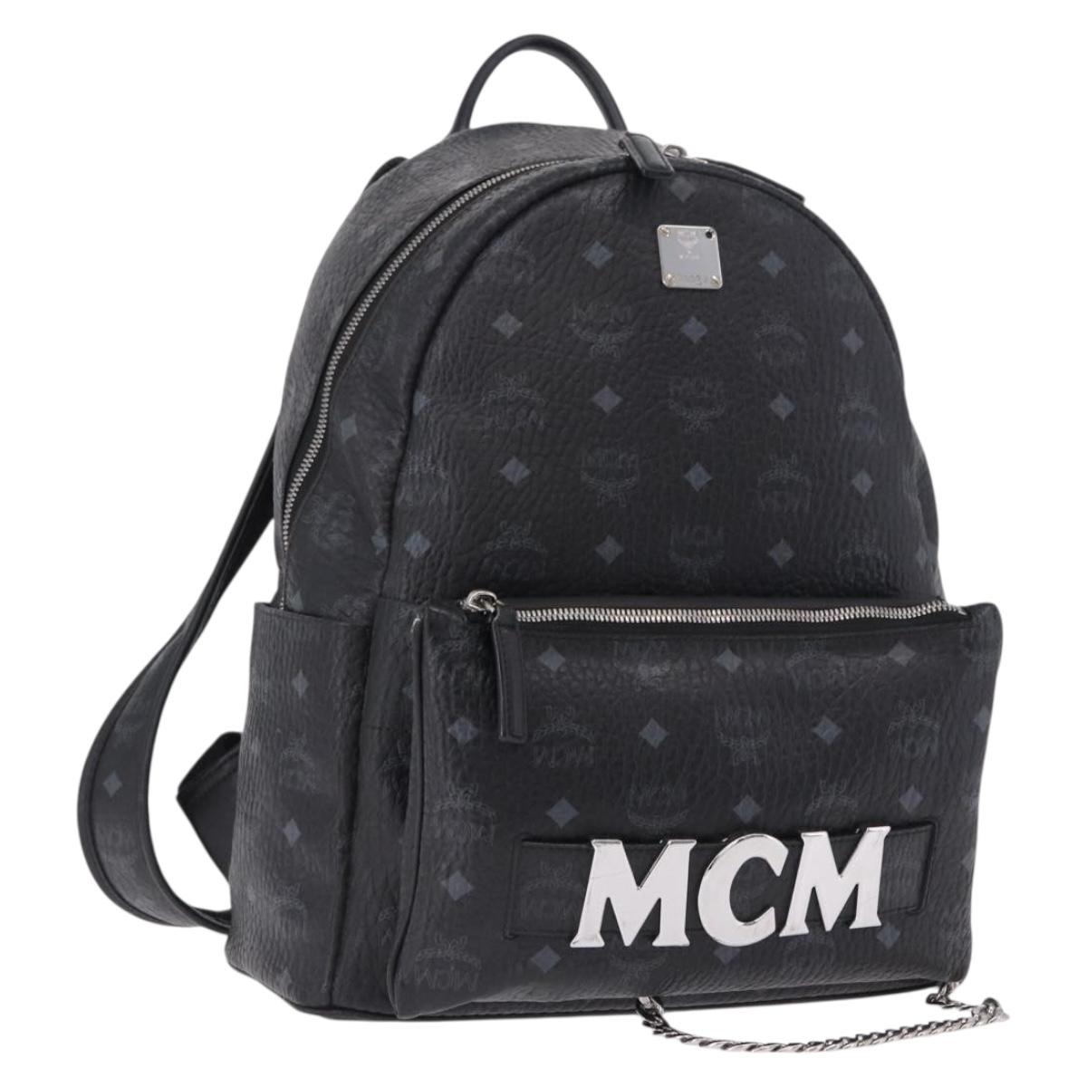 MCM Vicetos Logogram Backpack Leather Black Silver Auth 194907
