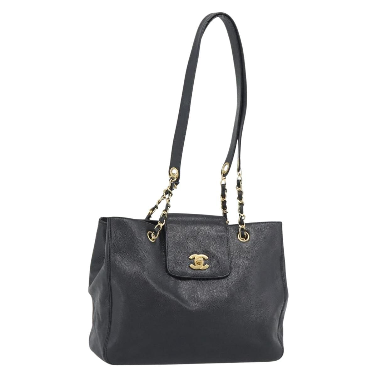 CHANEL Chain Shoulder Tote Bag Caviar Skin Black Gold CC Auth 194920SAM