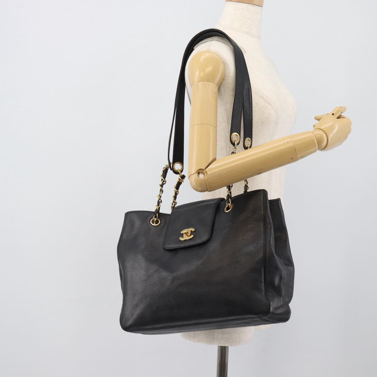 CHANEL Chain Shoulder Tote Bag Caviar Skin Black Gold CC Auth 194920SAM