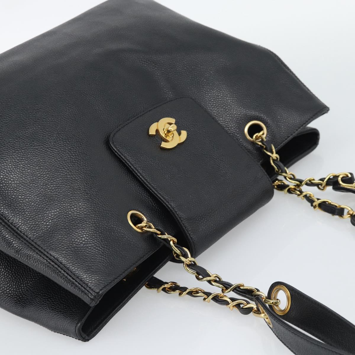 CHANEL Chain Shoulder Tote Bag Caviar Skin Black Gold CC Auth 194920SAM