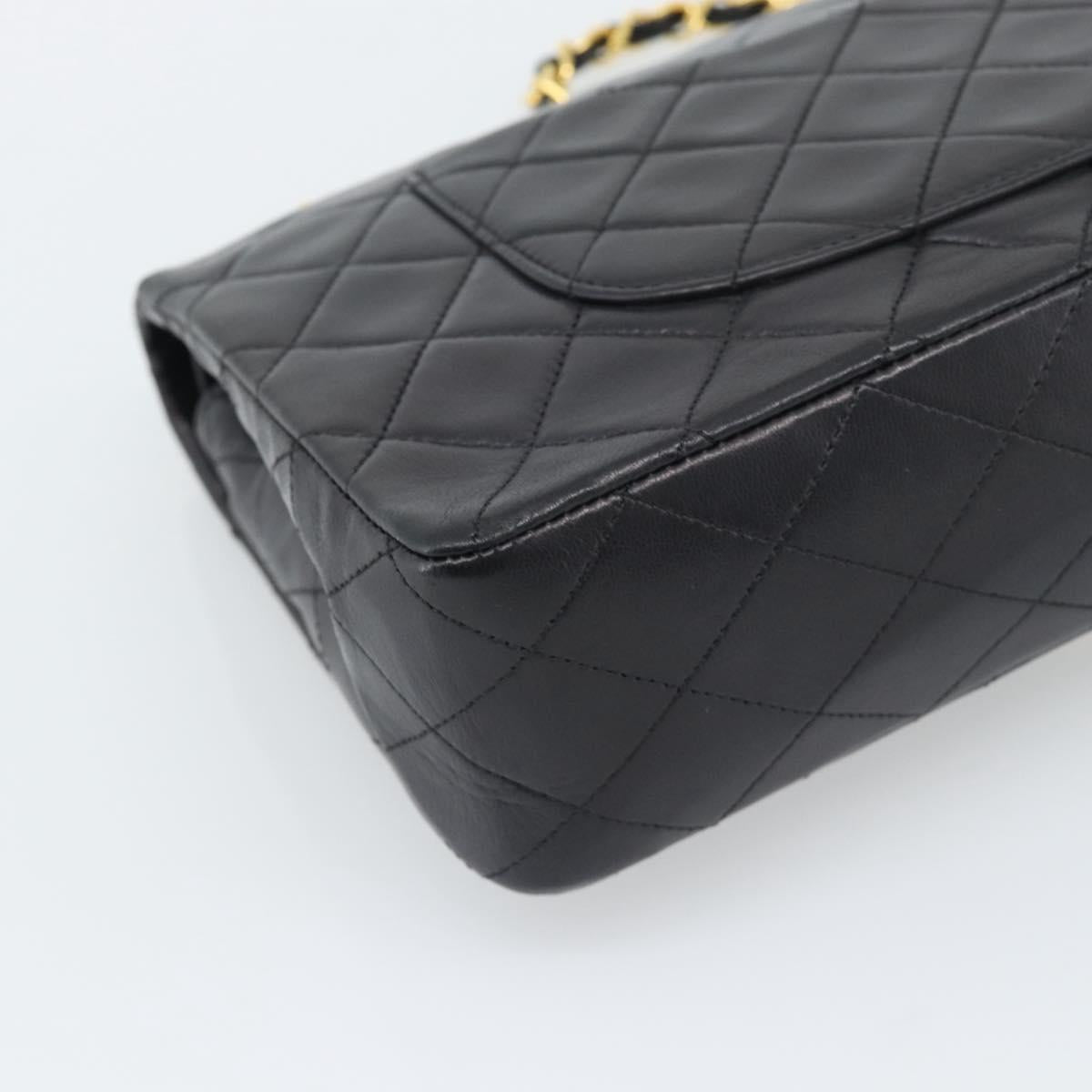 CHANEL Matelasse 25 Double Flap Chain Bag Lamb Skin Black Gold CC Auth 194921SAM