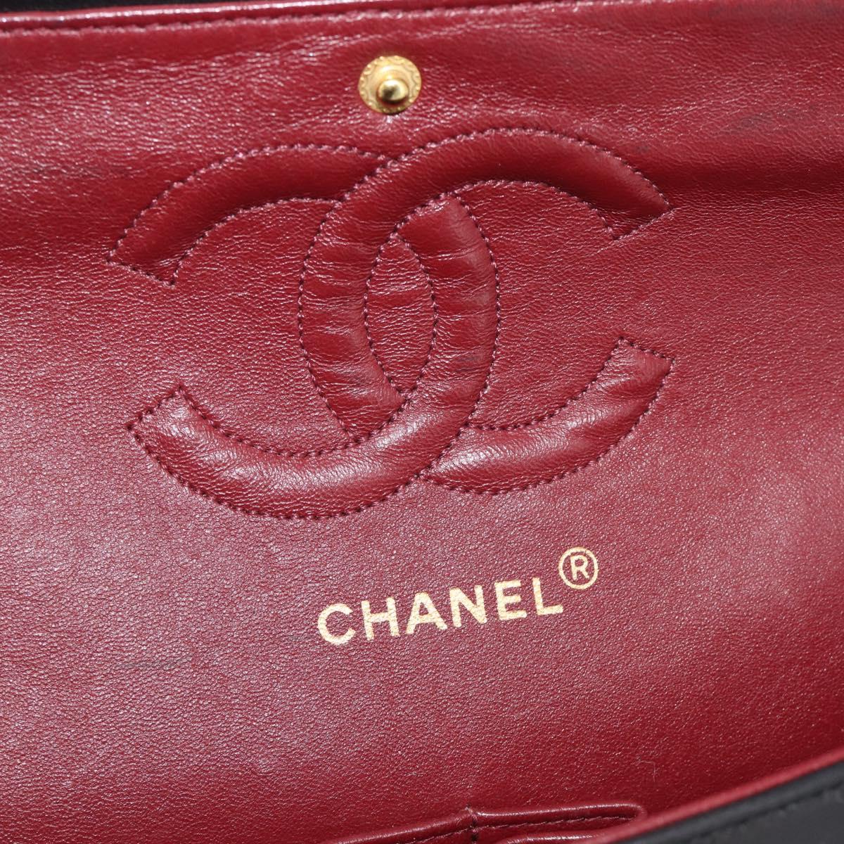 CHANEL Matelasse 25 Double Flap Chain Bag Lamb Skin Black Gold CC Auth 194921SAM