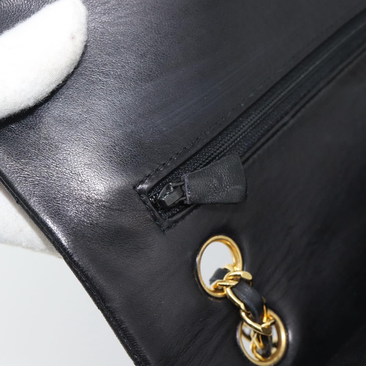 CHANEL Matelasse 25 Double Flap Chain Bag Lamb Skin Black Gold CC Auth 194921SAM