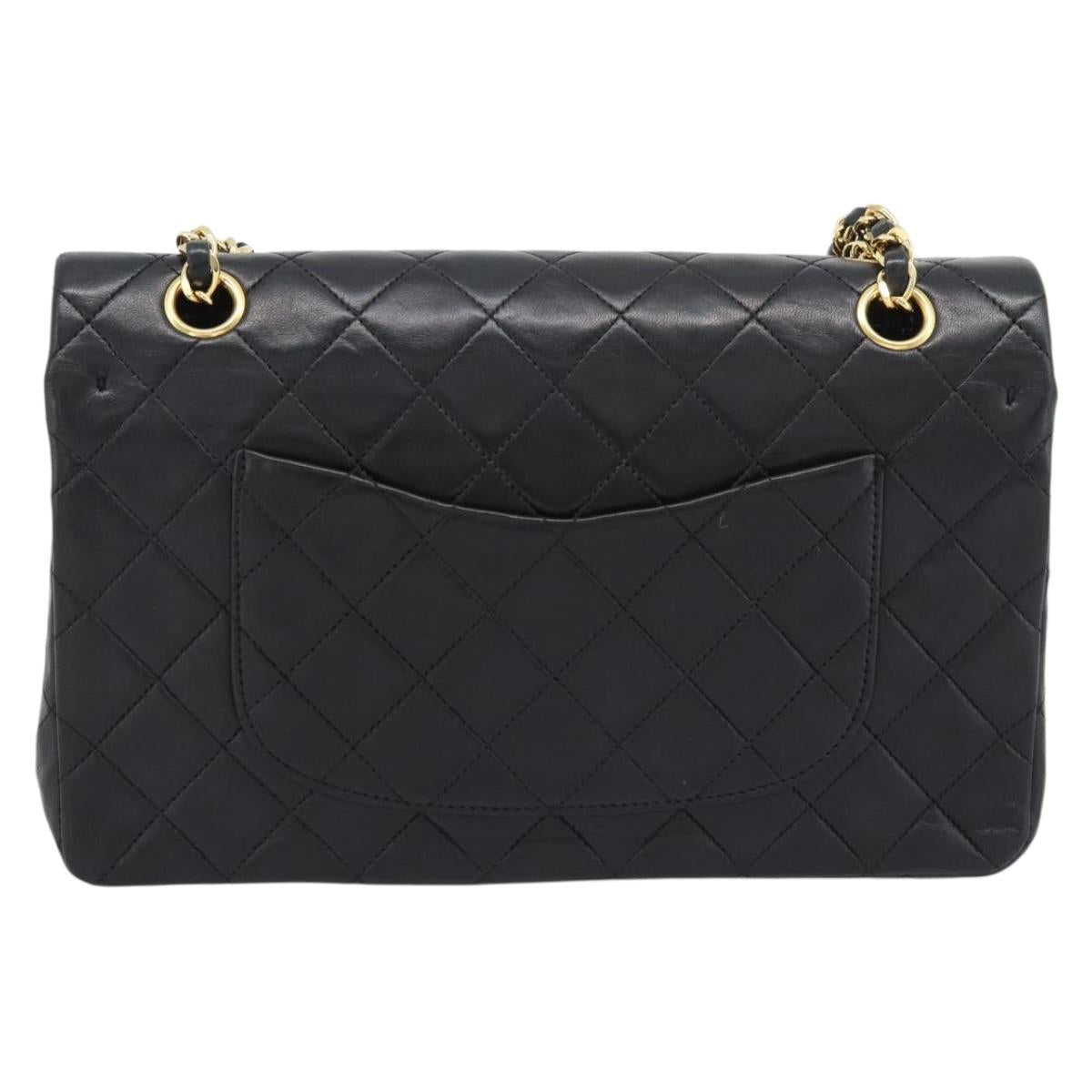 CHANEL Matelasse 25 Double Flap Chain Bag Lamb Skin Black Gold CC Auth 194921SAM