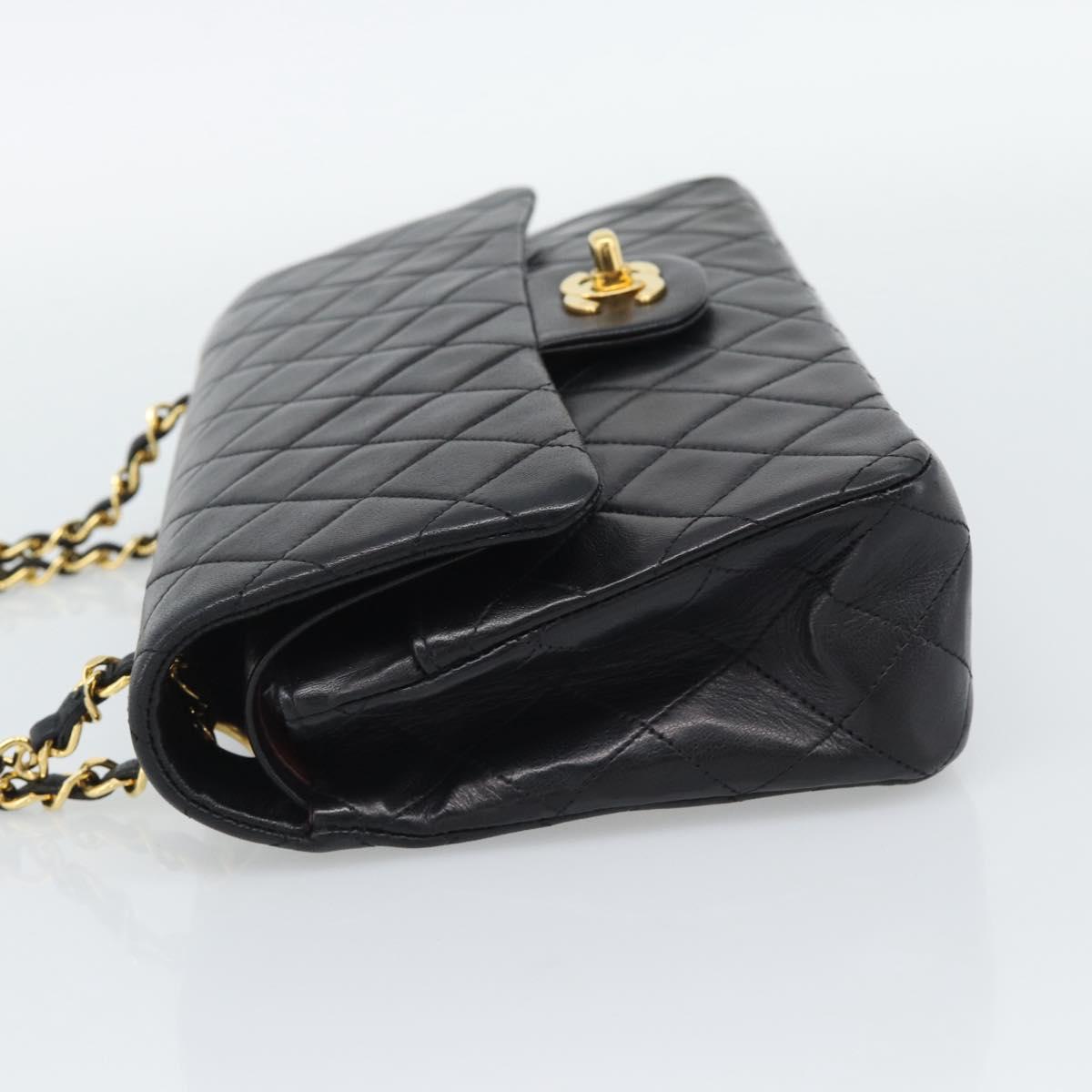 CHANEL Matelasse 25 Double Flap Chain Bag Lamb Skin Black Gold CC Auth 194921SAM