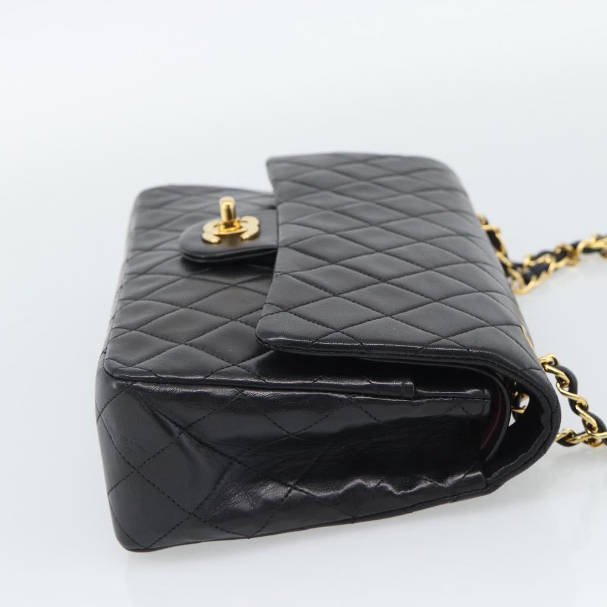 CHANEL Matelasse 25 Double Flap Chain Bag Lamb Skin Black Gold CC Auth 194921SAM