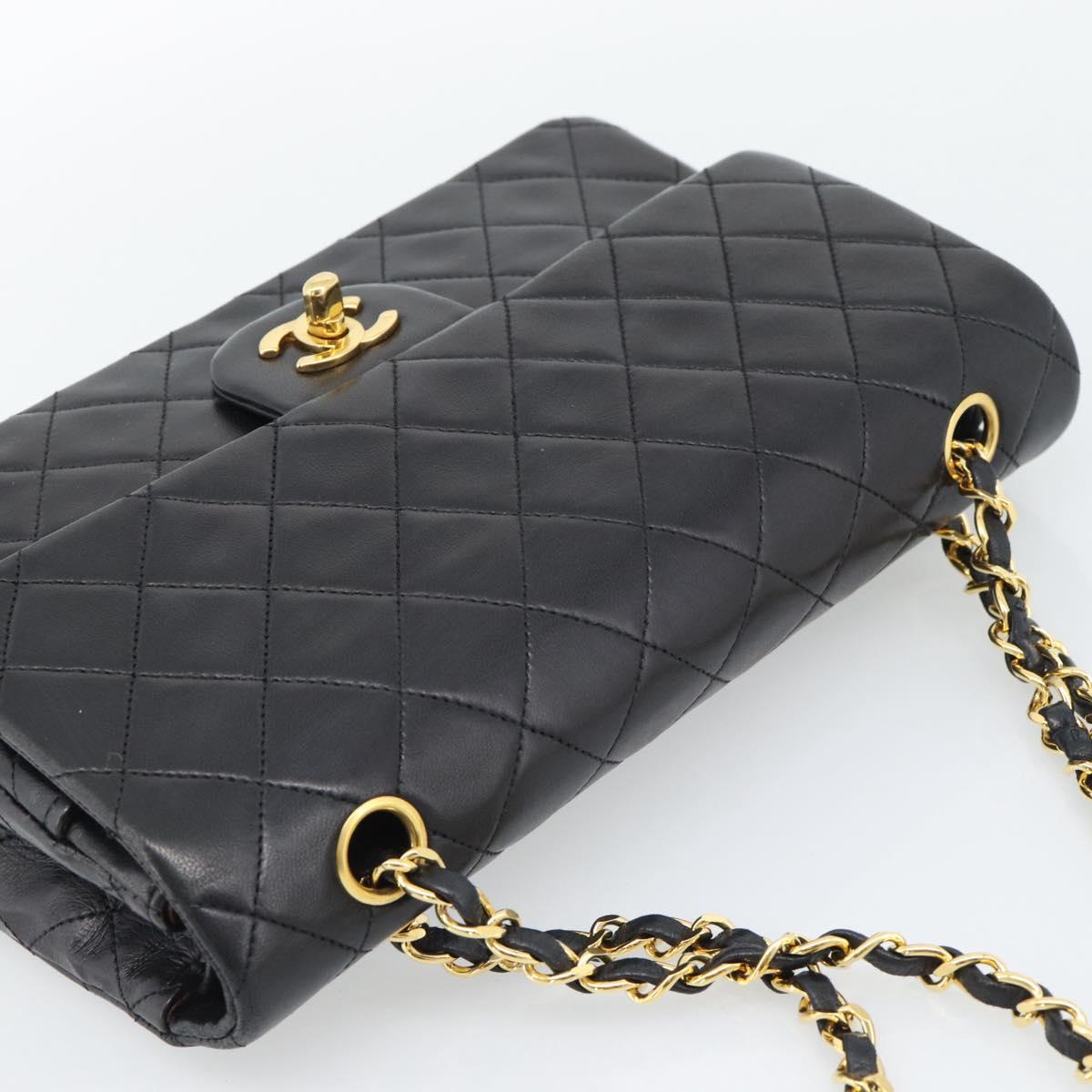 CHANEL Matelasse 25 Double Flap Chain Bag Lamb Skin Black Gold CC Auth 194921SAM
