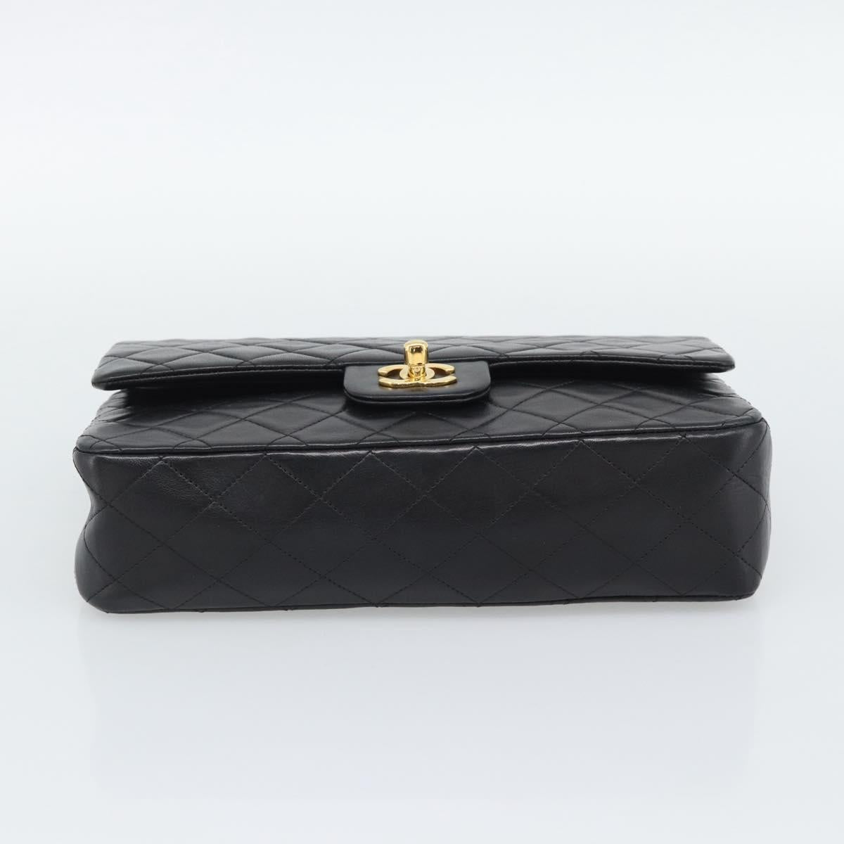 CHANEL Matelasse 25 Double Flap Chain Bag Lamb Skin Black Gold CC Auth 194921SAM