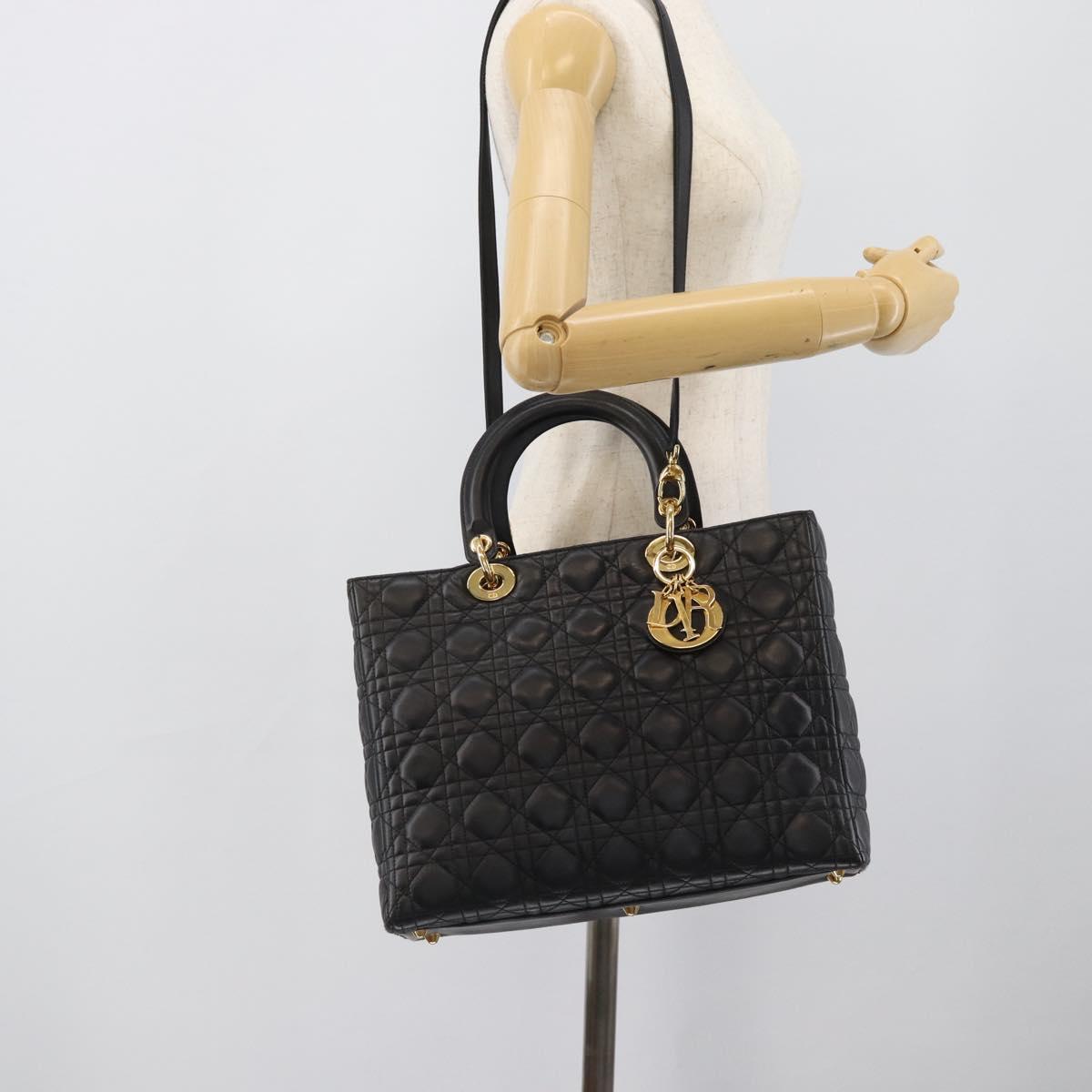 Christian Dior Lady Dior Canage Bag Lamb Skin 2way Black Gold Auth 194922SAM