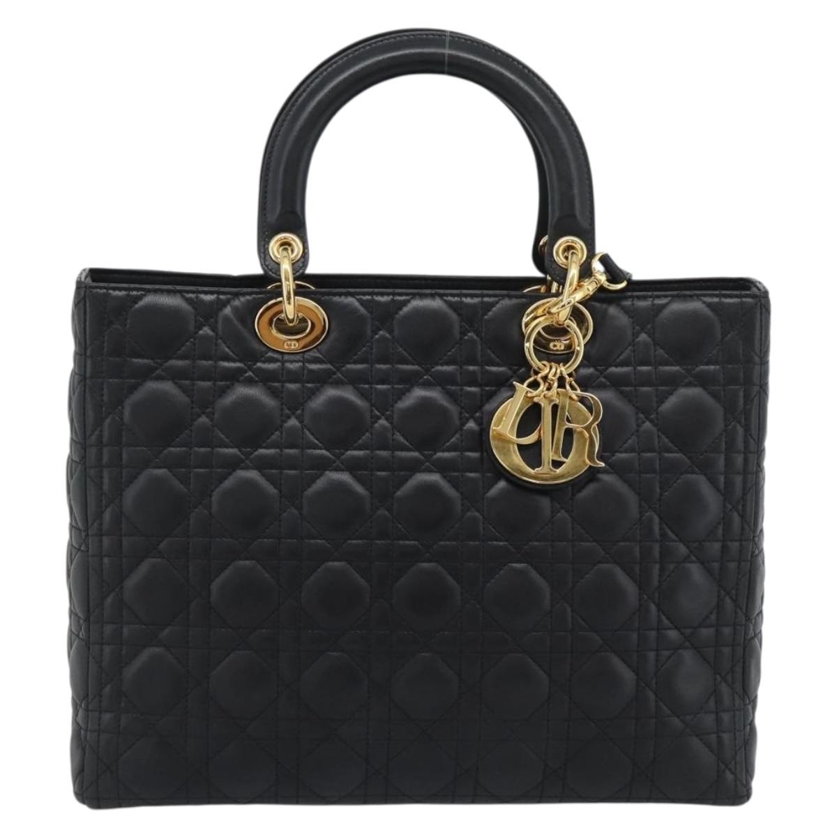 Christian Dior Lady Dior Canage Bag Lamb Skin 2way Black Gold Auth 194922SAM