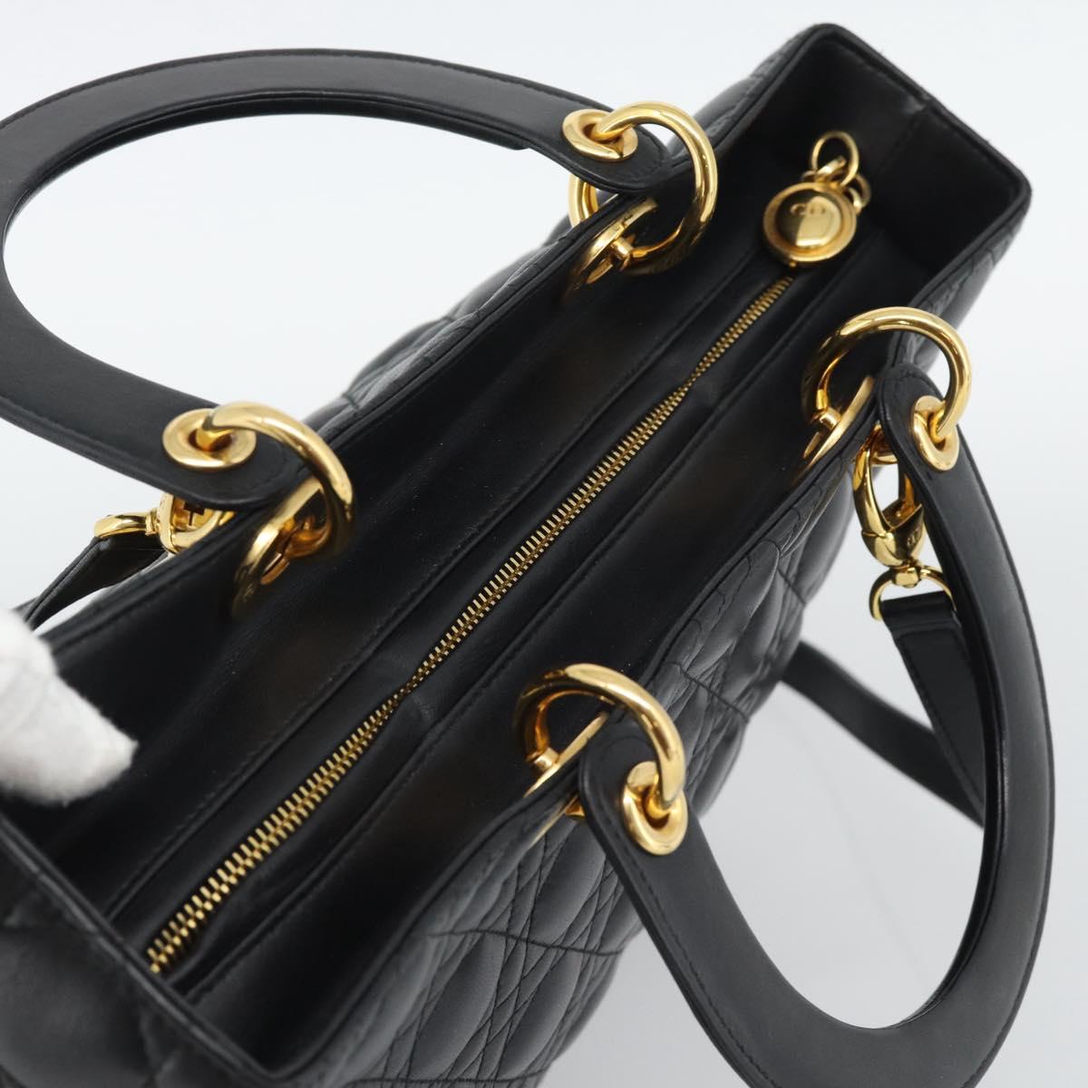 Christian Dior Lady Dior Canage Bag Lamb Skin 2way Black Gold Auth 194922SAM