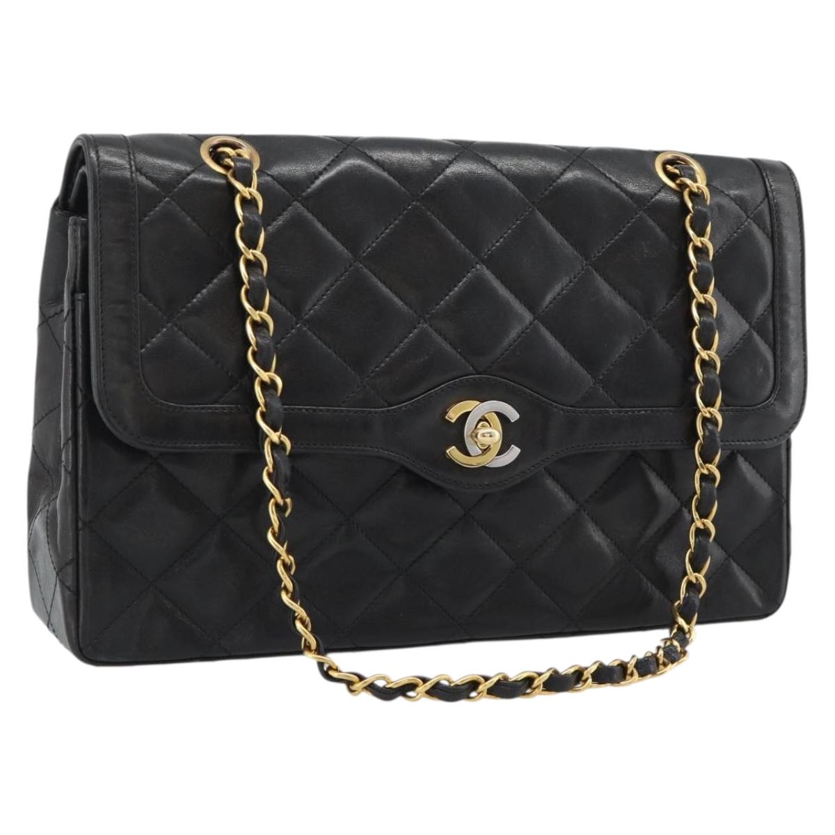 CHANEL Matelasse Chain Bag Lamb Skin Paris Limited Black Gold CC Auth 194926SAM