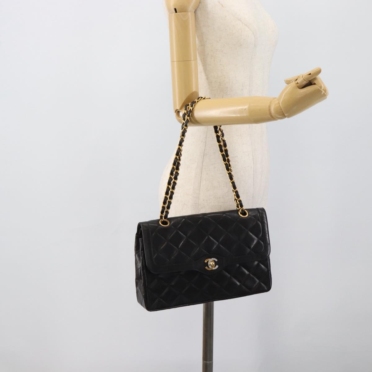 CHANEL Matelasse Chain Bag Lamb Skin Paris Limited Black Gold CC Auth 194926SAM