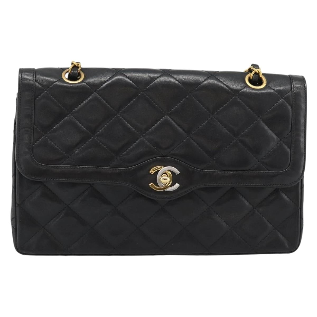 CHANEL Matelasse Chain Bag Lamb Skin Paris Limited Black Gold CC Auth 194926SAM