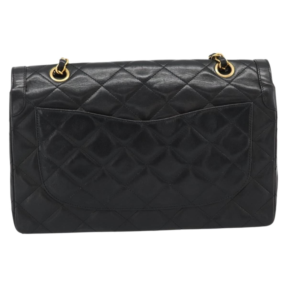 CHANEL Matelasse Chain Bag Lamb Skin Paris Limited Black Gold CC Auth 194926SAM