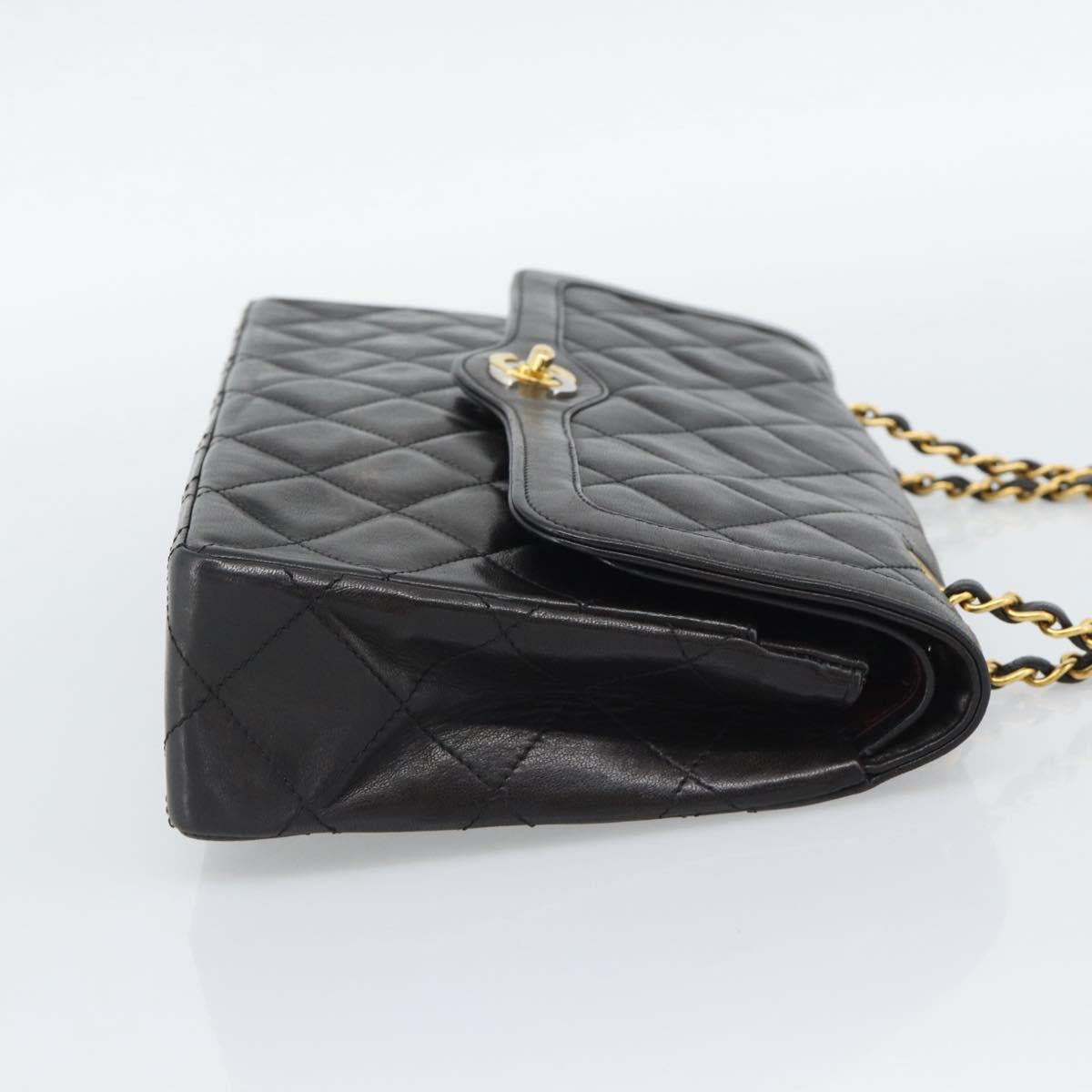 CHANEL Matelasse Chain Bag Lamb Skin Paris Limited Black Gold CC Auth 194926SAM