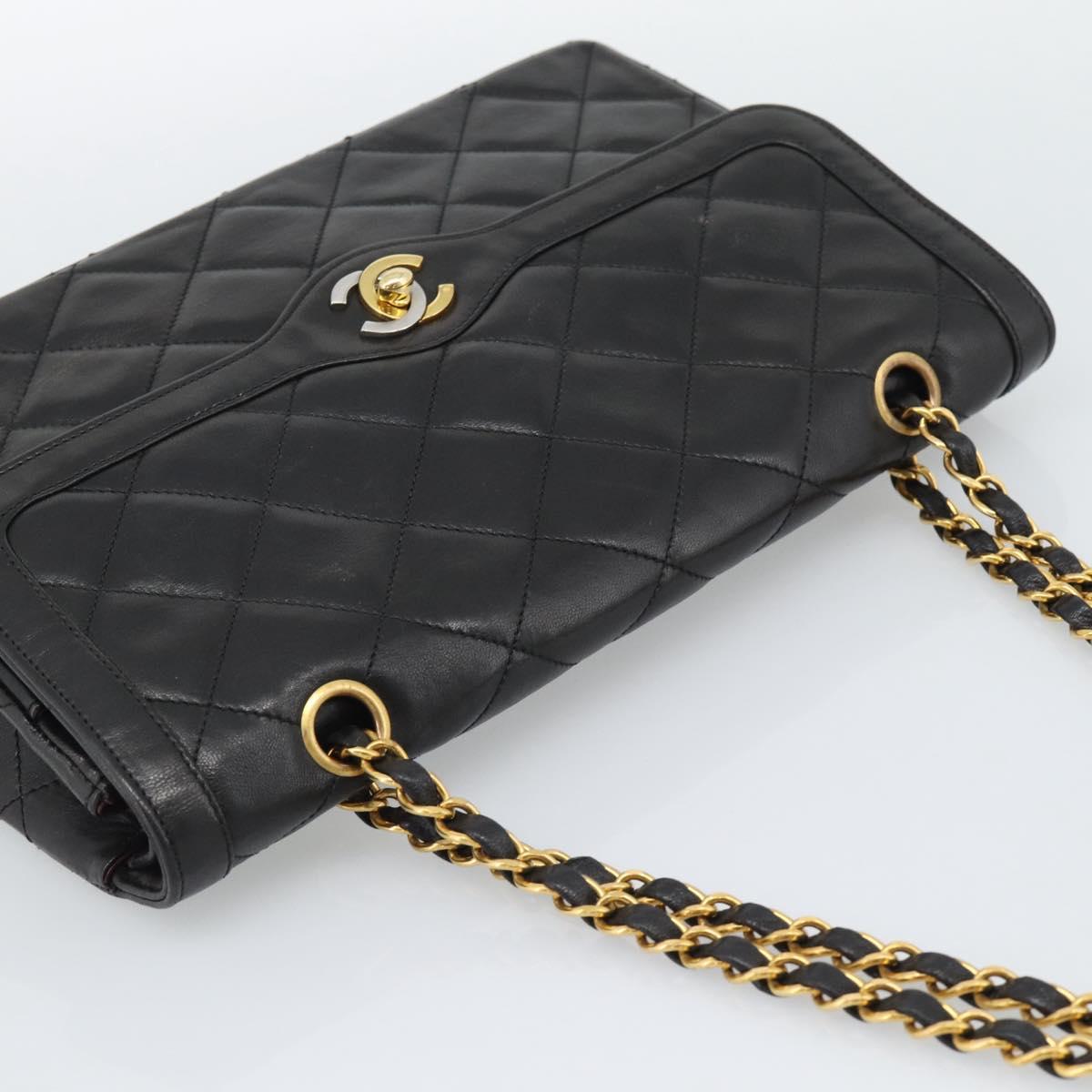 CHANEL Matelasse Chain Bag Lamb Skin Paris Limited Black Gold CC Auth 194926SAM
