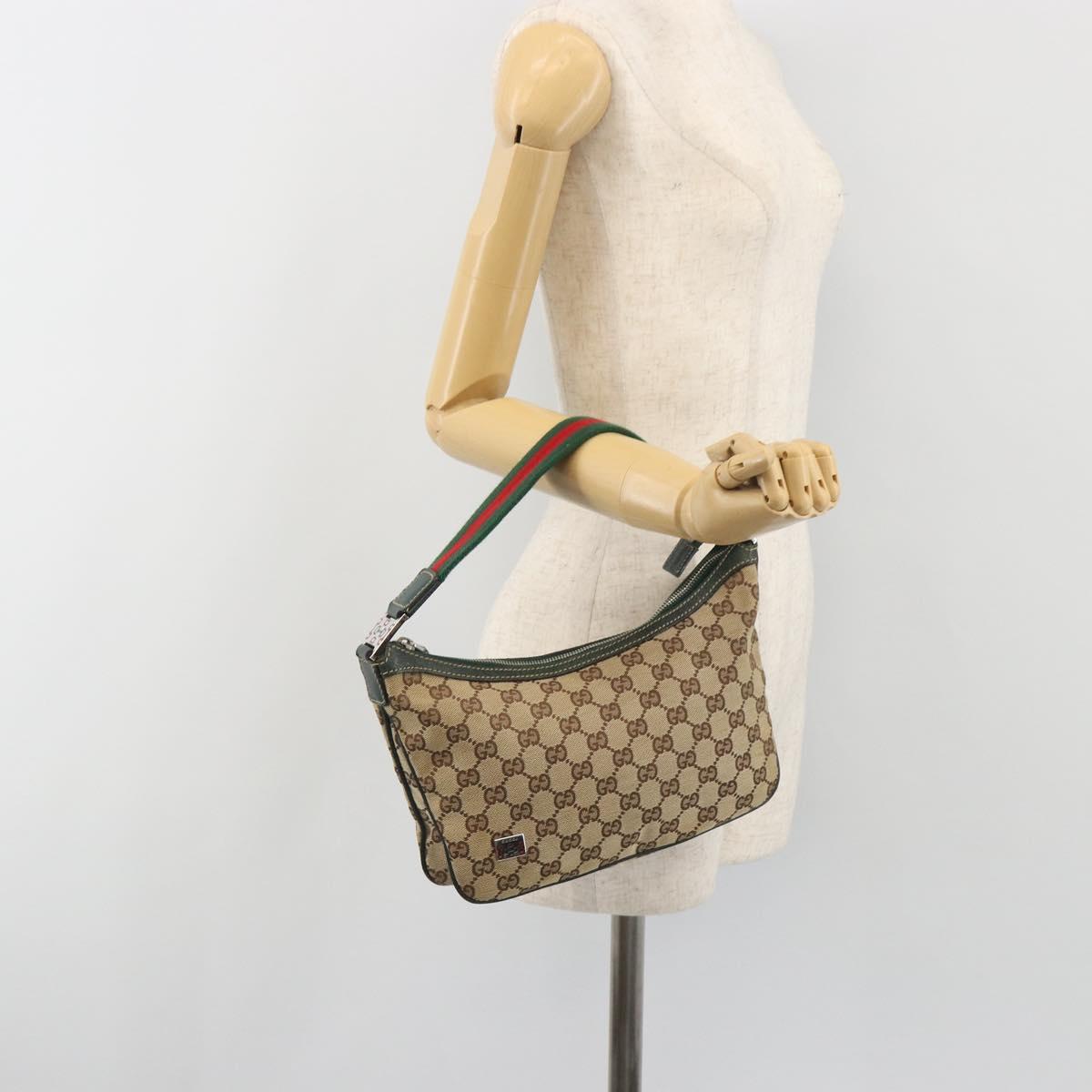 GUCCI GG Canvas Web Sherry Line Shoulder Bag Beige Silver 145812 Auth 194938V