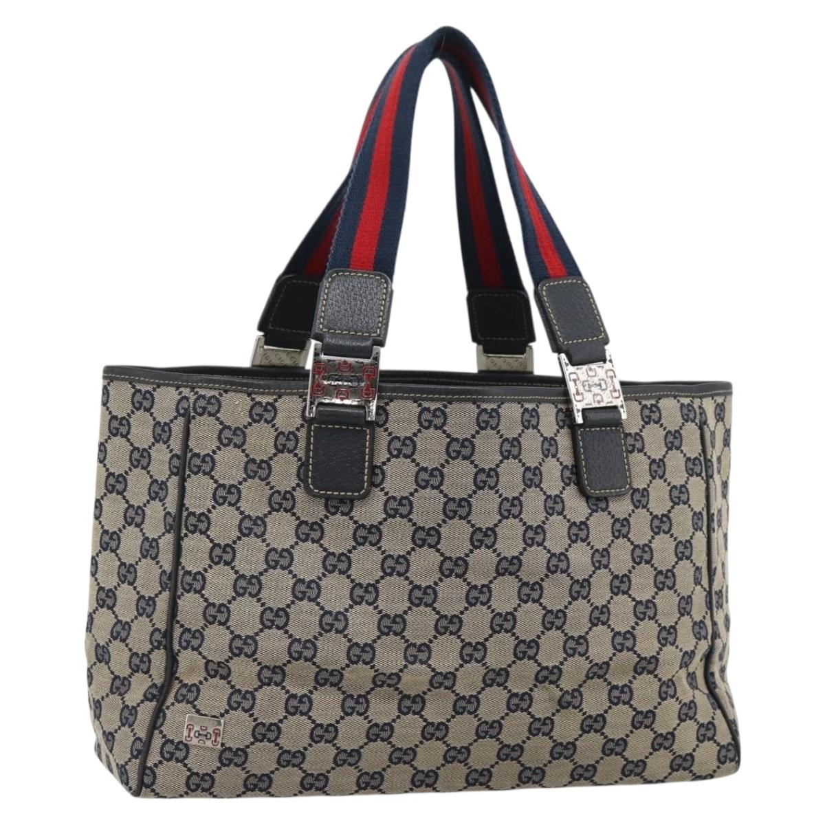 GUCCI GG Canvas Sherry Line Tote Bag Navy Silver 145758 Auth 194942A