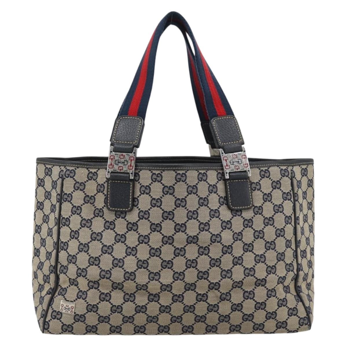 GUCCI GG Canvas Sherry Line Tote Bag Navy Silver 145758 Auth 194942A