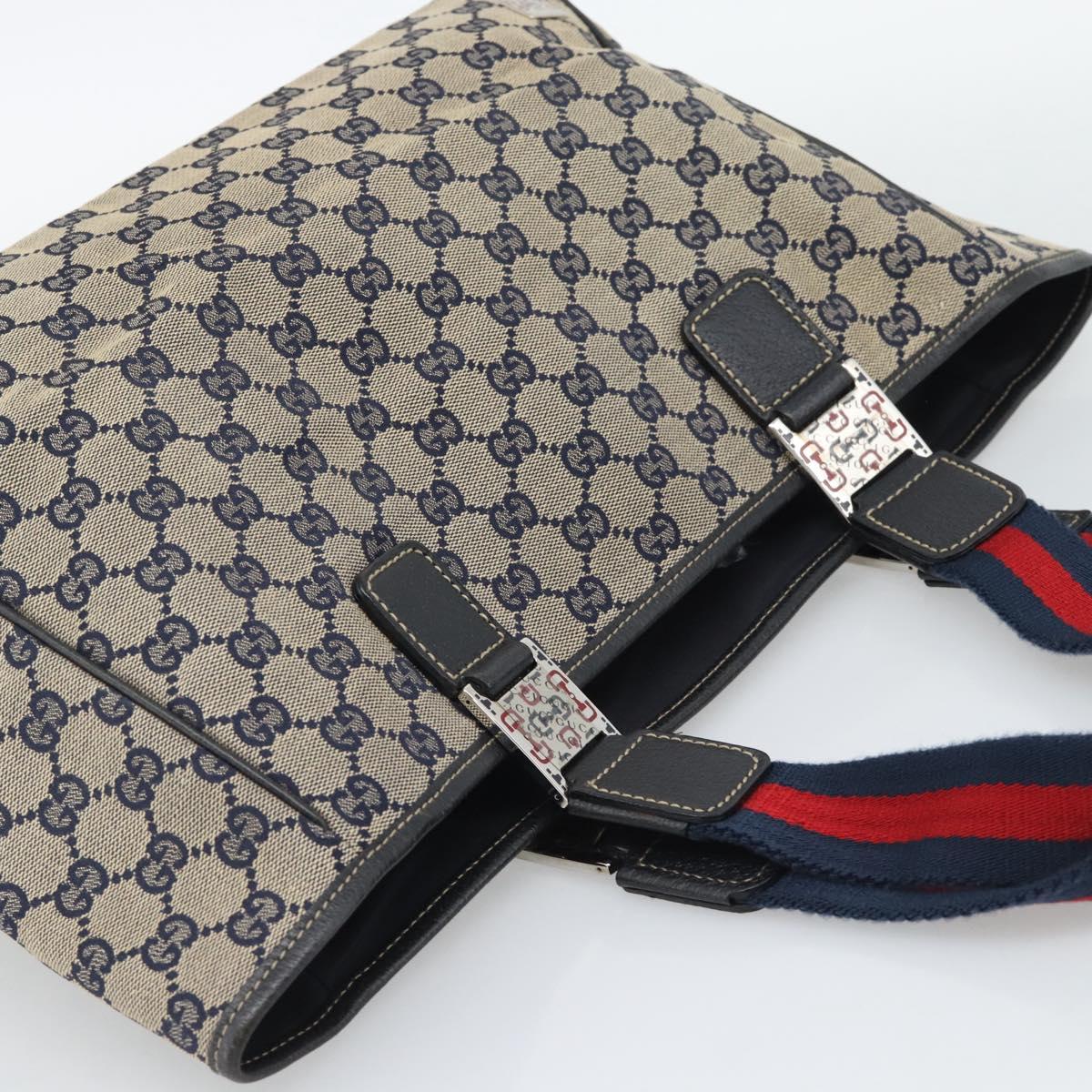 GUCCI GG Canvas Sherry Line Tote Bag Navy Silver 145758 Auth 194942A