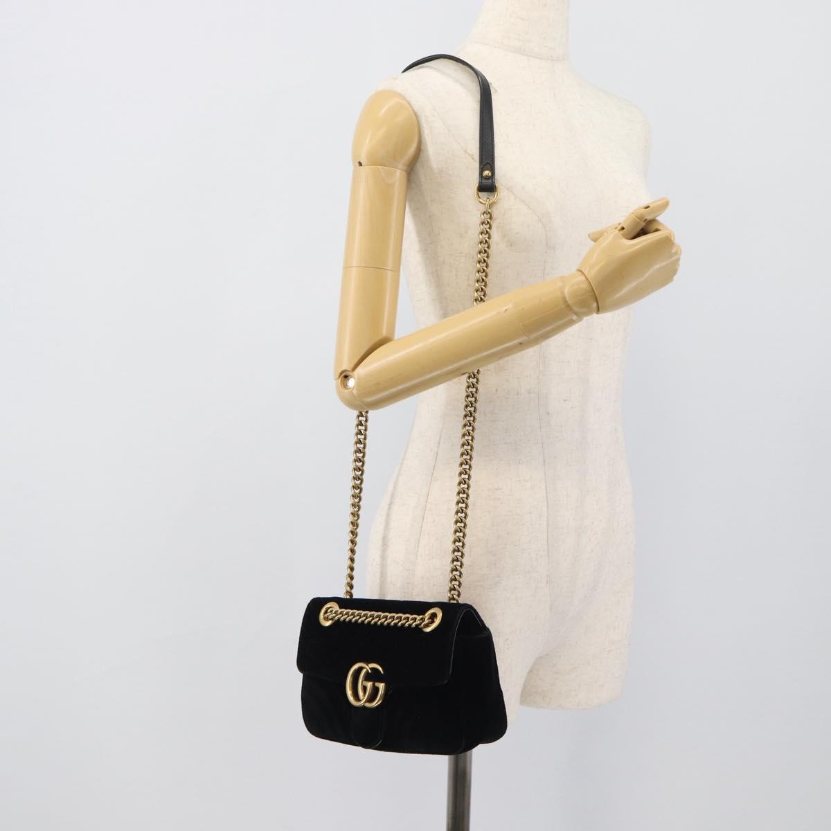 GUCCI GG Marmont Chain Shoulder Bag Velor Black Gold 446744 Auth 194944V