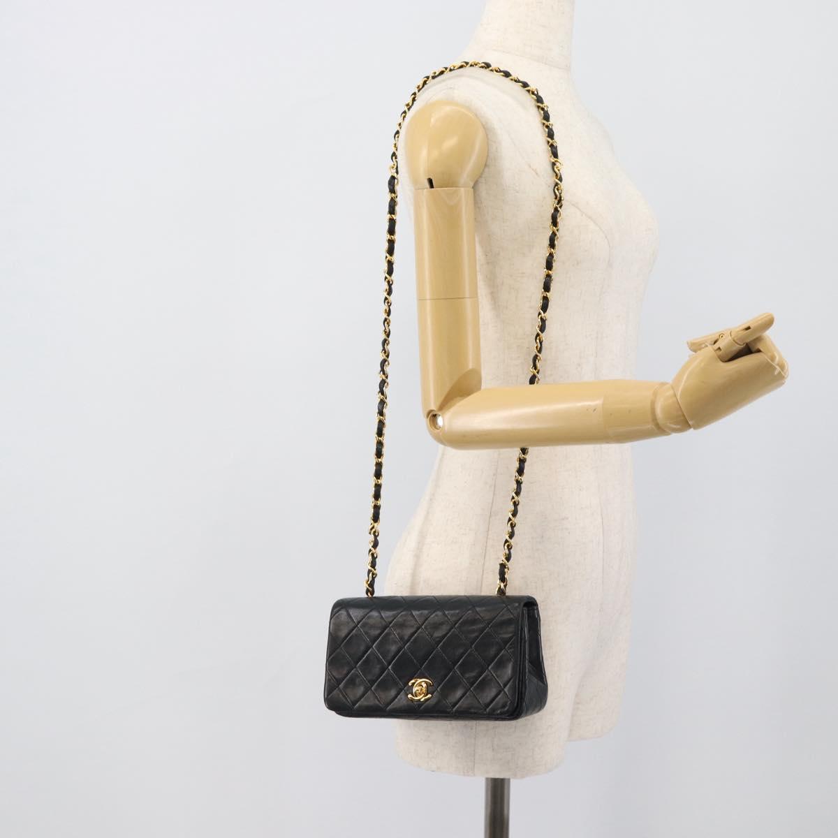 CHANEL Matelasse Chain Shoulder Bag Lamb Skin Black Gold CC Auth 194950V