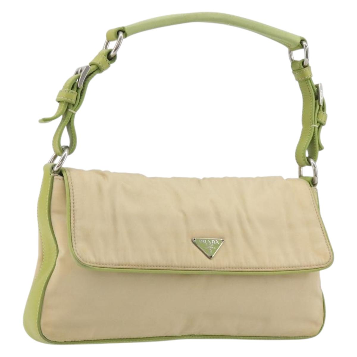 PRADA Shoulder Bag Nylon Beige Silver Auth 194981A