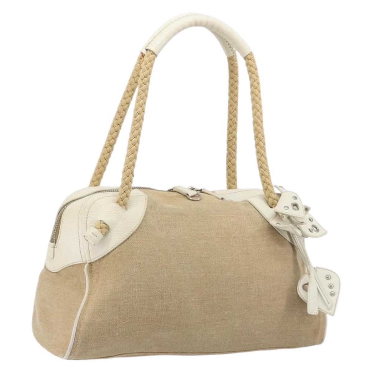 Miu Miu Boston Bag Canvas Beige Silver Auth 194986