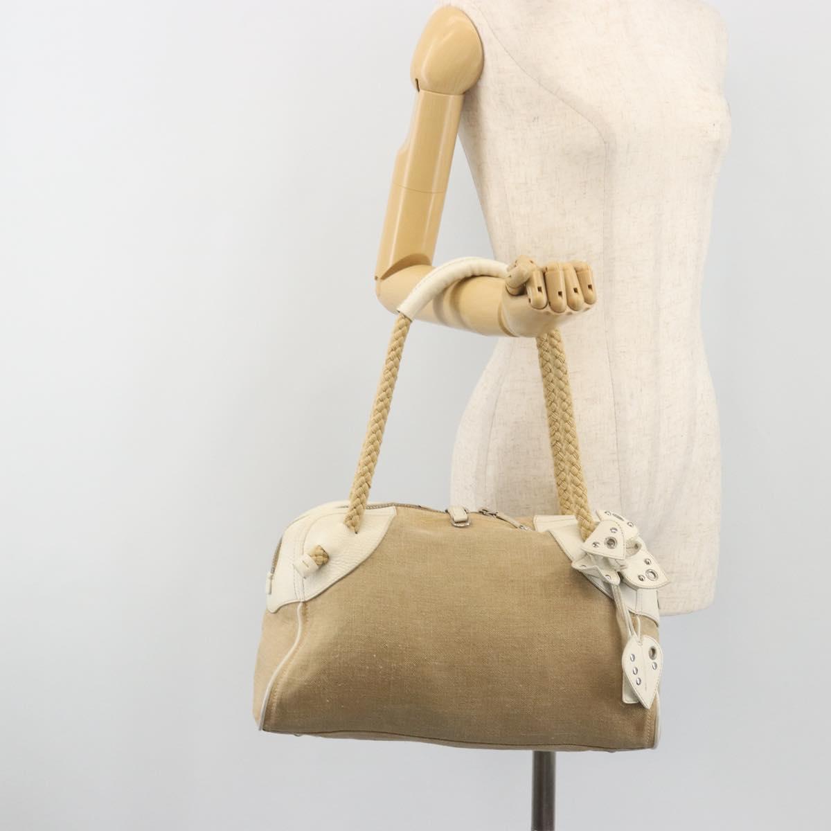 Miu Miu Boston Bag Canvas Beige Silver Auth 194986