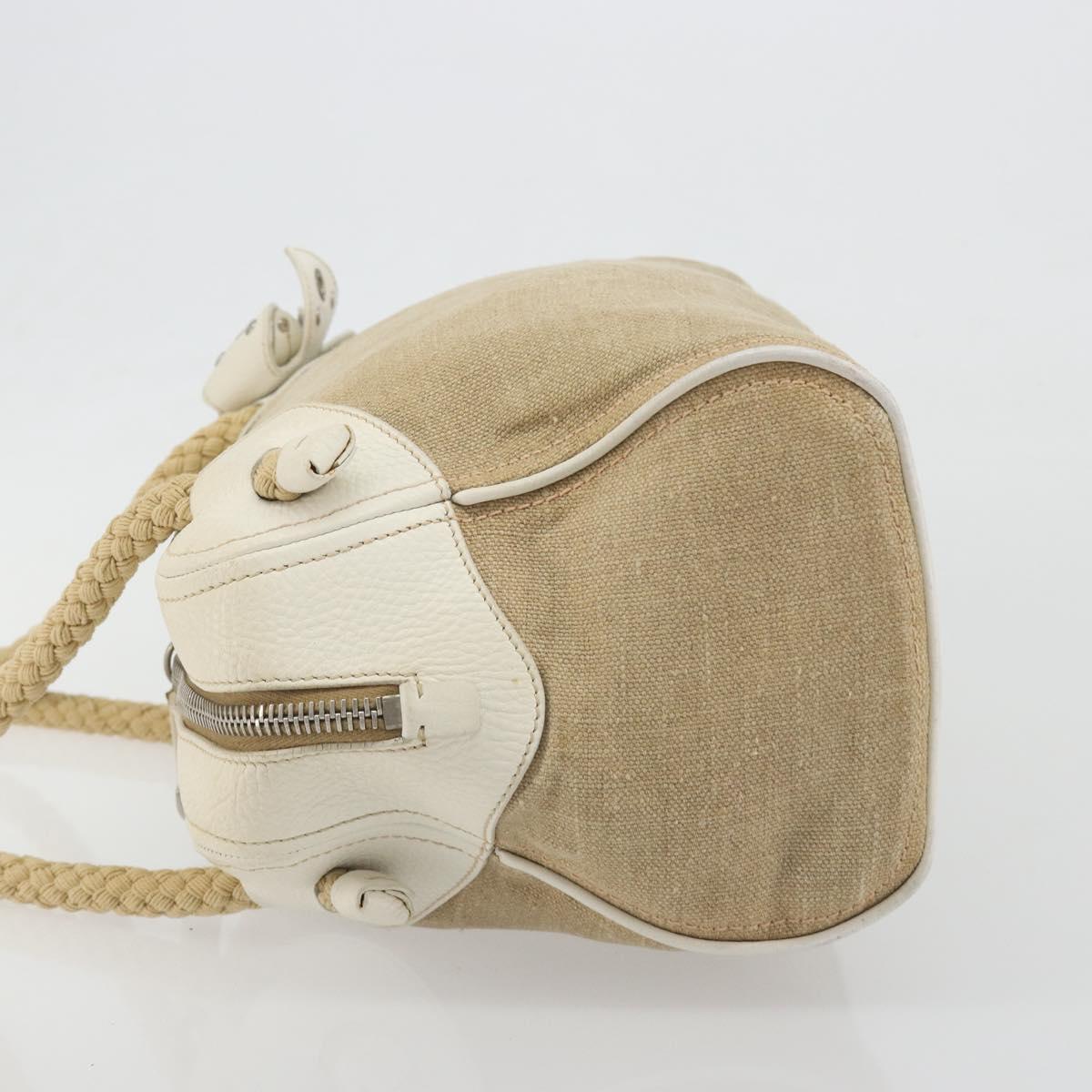 Miu Miu Boston Bag Canvas Beige Silver Auth 194986