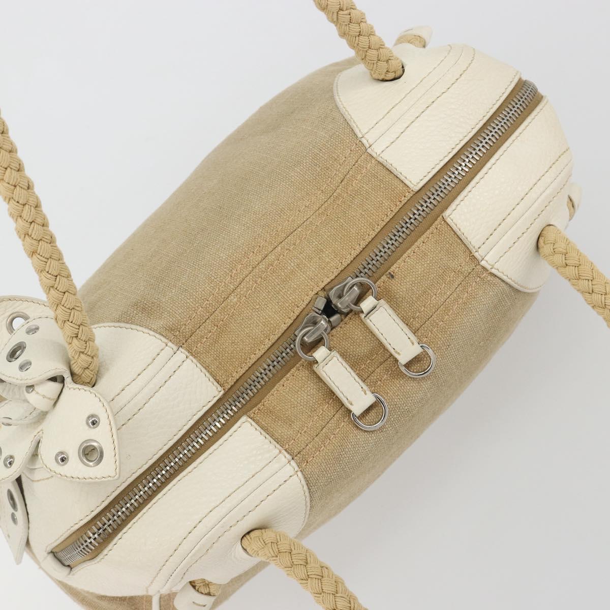 Miu Miu Boston Bag Canvas Beige Silver Auth 194986