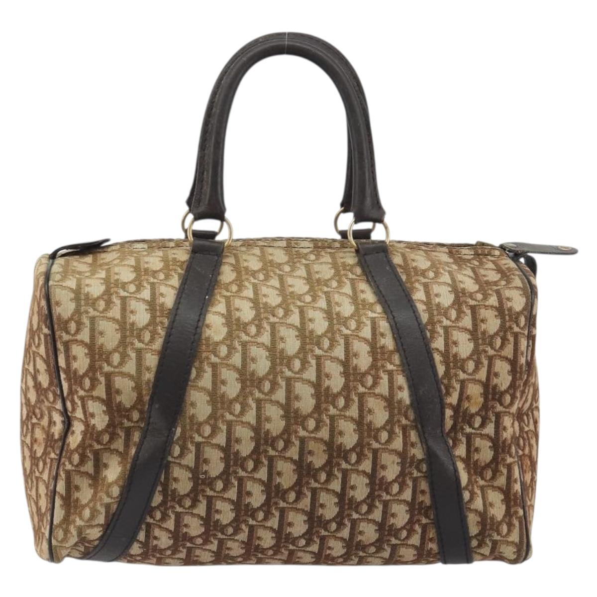 Christian Dior Trotter Canvas Boston Bag Beige Gold Auth 194992