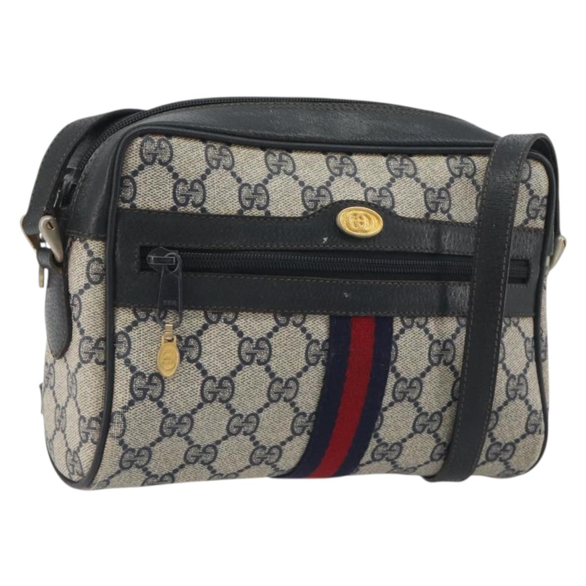 GUCCI GG Supreme Sherry Line Shoulder Bag PVC Navy Gold Auth 194995