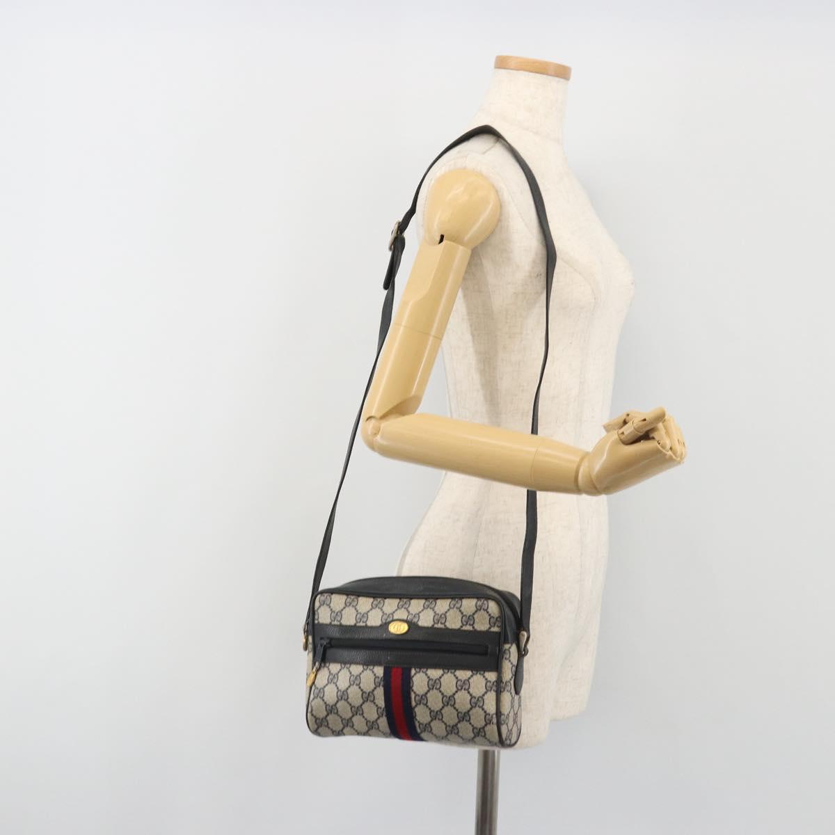 GUCCI GG Supreme Sherry Line Shoulder Bag PVC Navy Gold Auth 194995