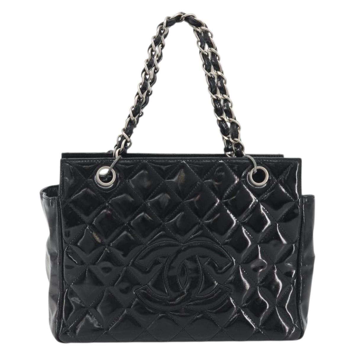 CHANEL Matelasse Chain Shoulder Bag Patent Leather Black Silver CC Auth 195001