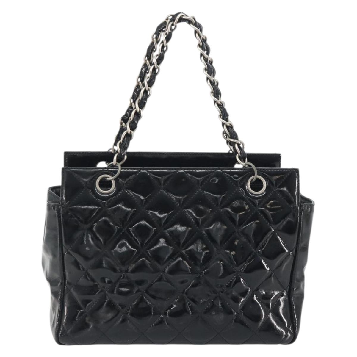 CHANEL Matelasse Chain Shoulder Bag Patent Leather Black Silver CC Auth 195001