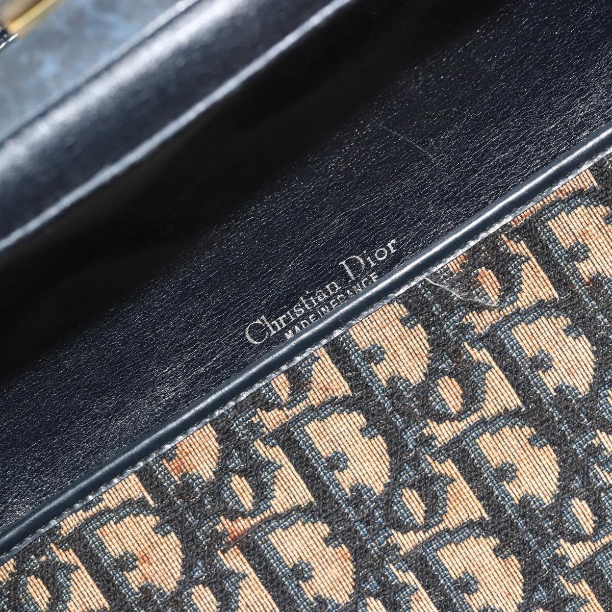 Christian Dior Trotter Canvas Hand Bag Navy Gold Auth 195002