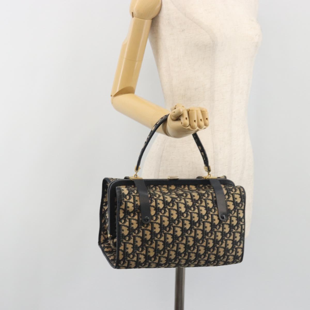 Christian Dior Trotter Canvas Hand Bag Navy Gold Auth 195002