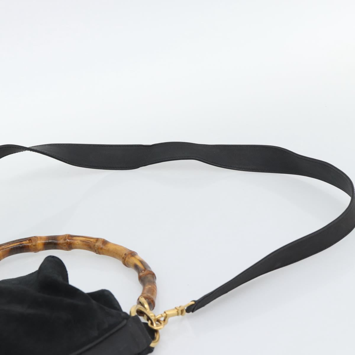 GUCCI Bamboo Shoulder Bag Suede 2way Black Gold Auth 195003