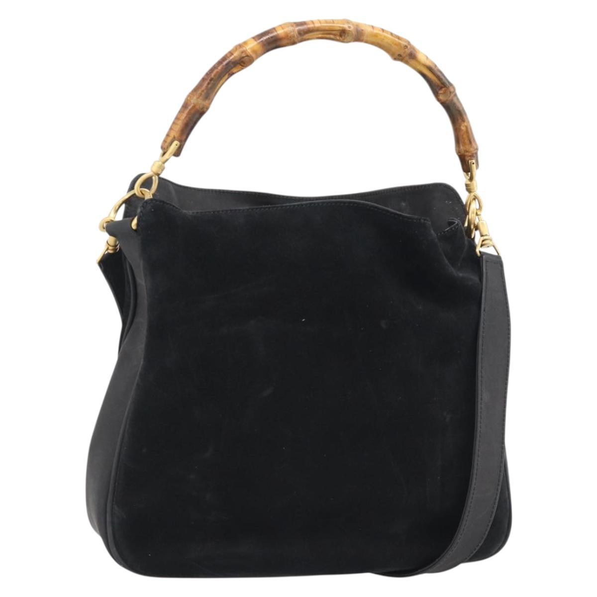 GUCCI Bamboo Shoulder Bag Suede 2way Black Gold Auth 195003