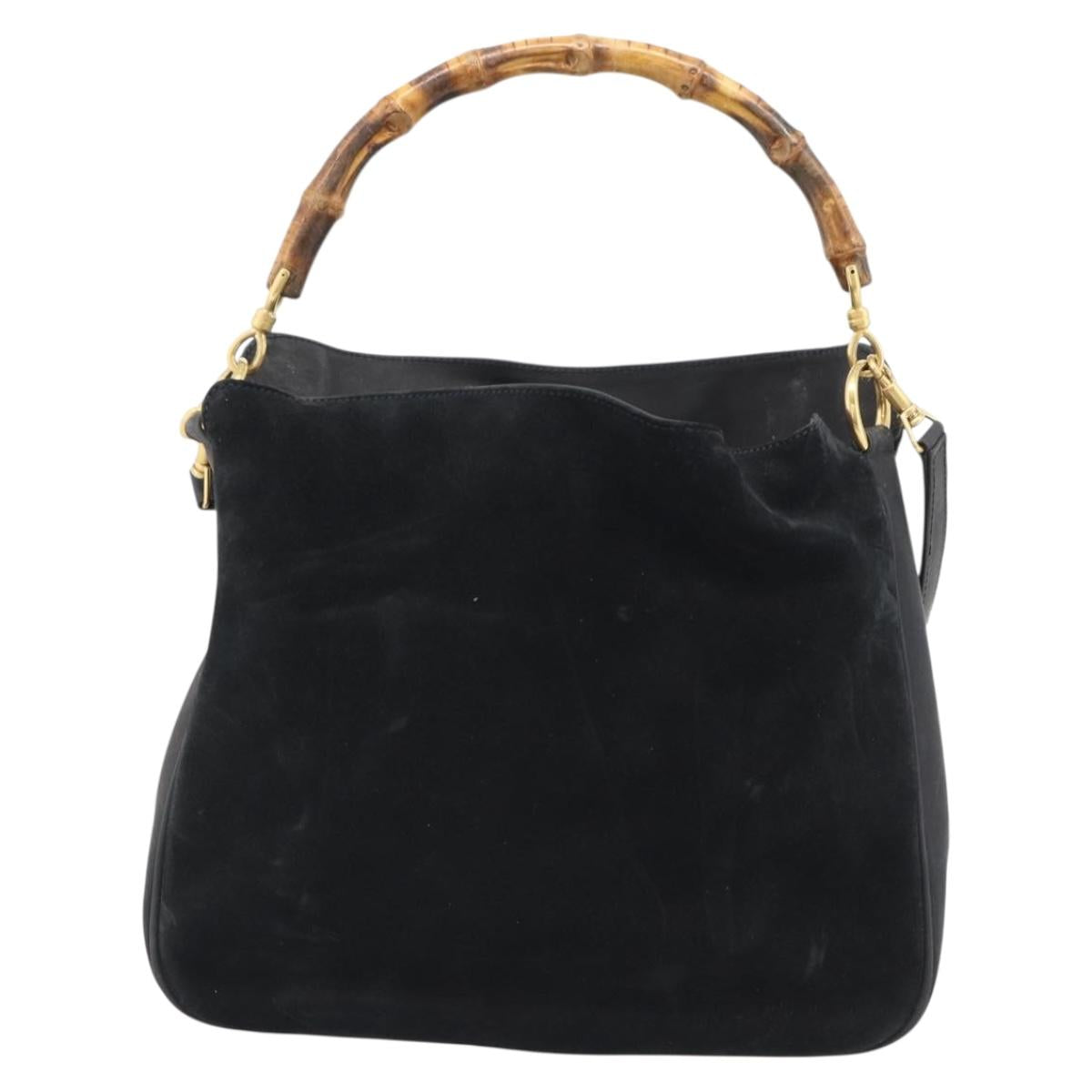 GUCCI Bamboo Shoulder Bag Suede 2way Black Gold Auth 195003