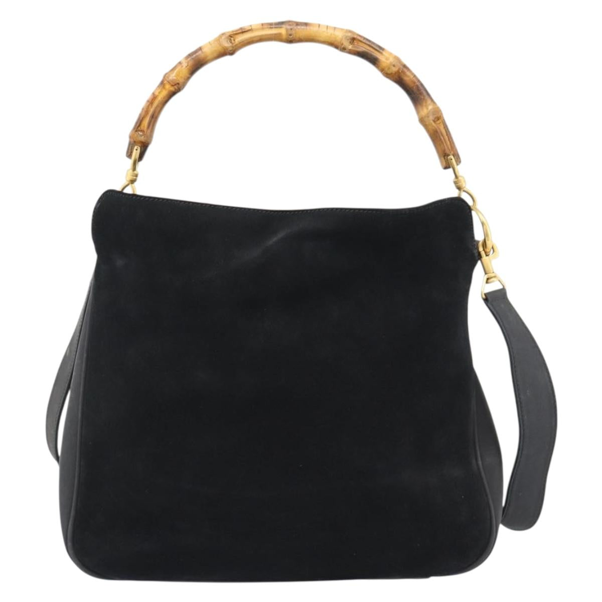 GUCCI Bamboo Shoulder Bag Suede 2way Black Gold Auth 195003