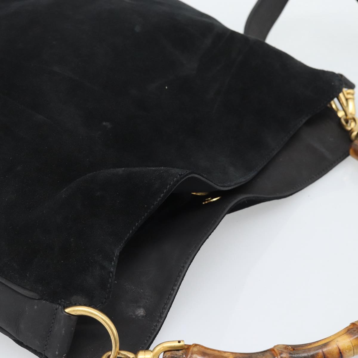 GUCCI Bamboo Shoulder Bag Suede 2way Black Gold Auth 195003